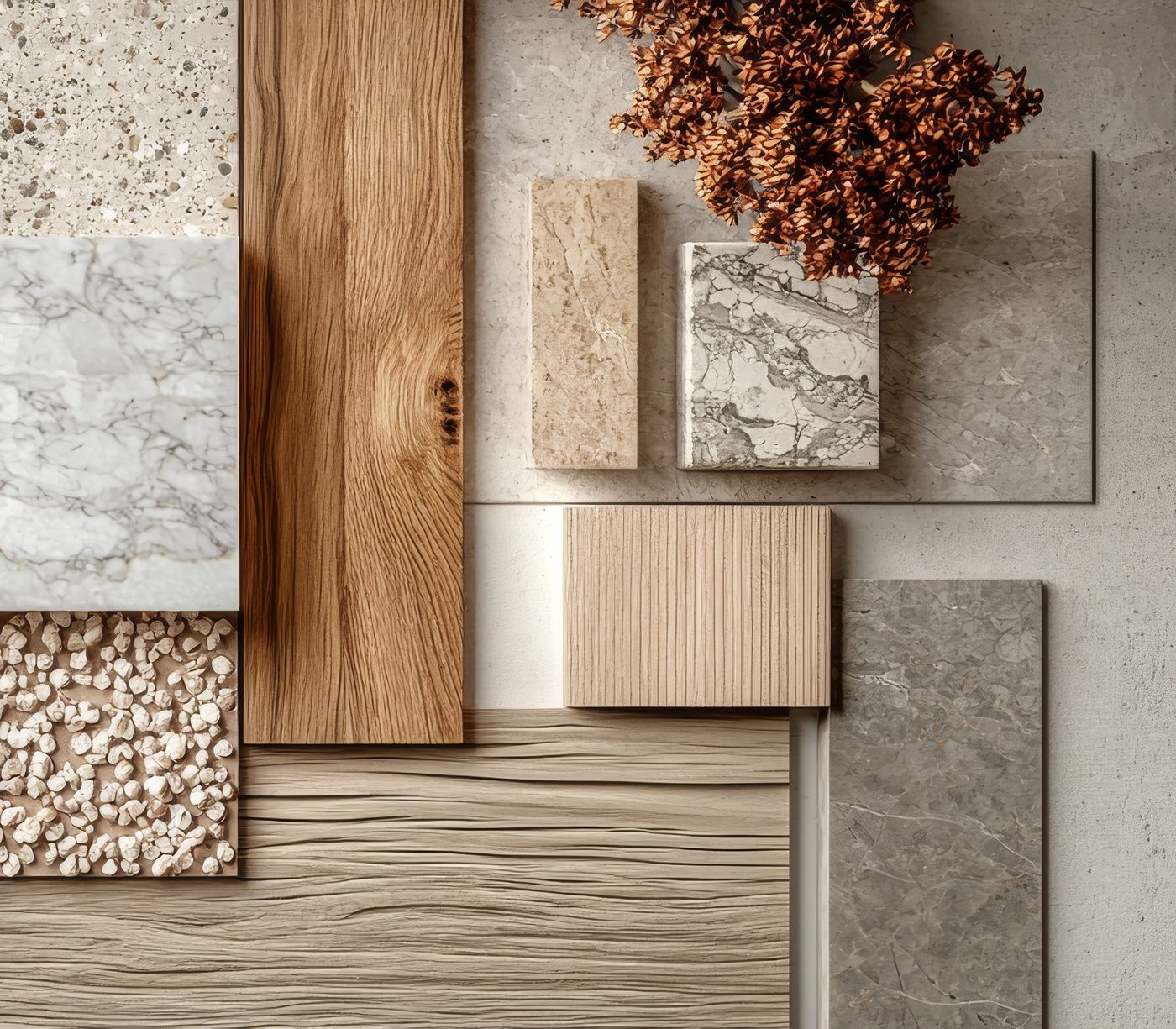 Materialien-Moodboard mit Marmor, Holz, Naturstein und Terrazzo für ein Raumkonzept.