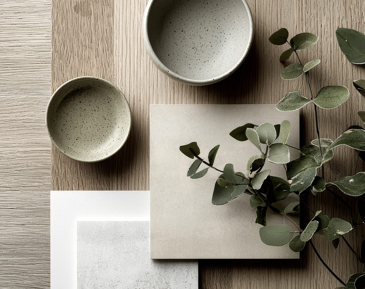 Moodboard in Naturtönen mit Holz, Keramikschalen, Fliesen und Eukalyptus.